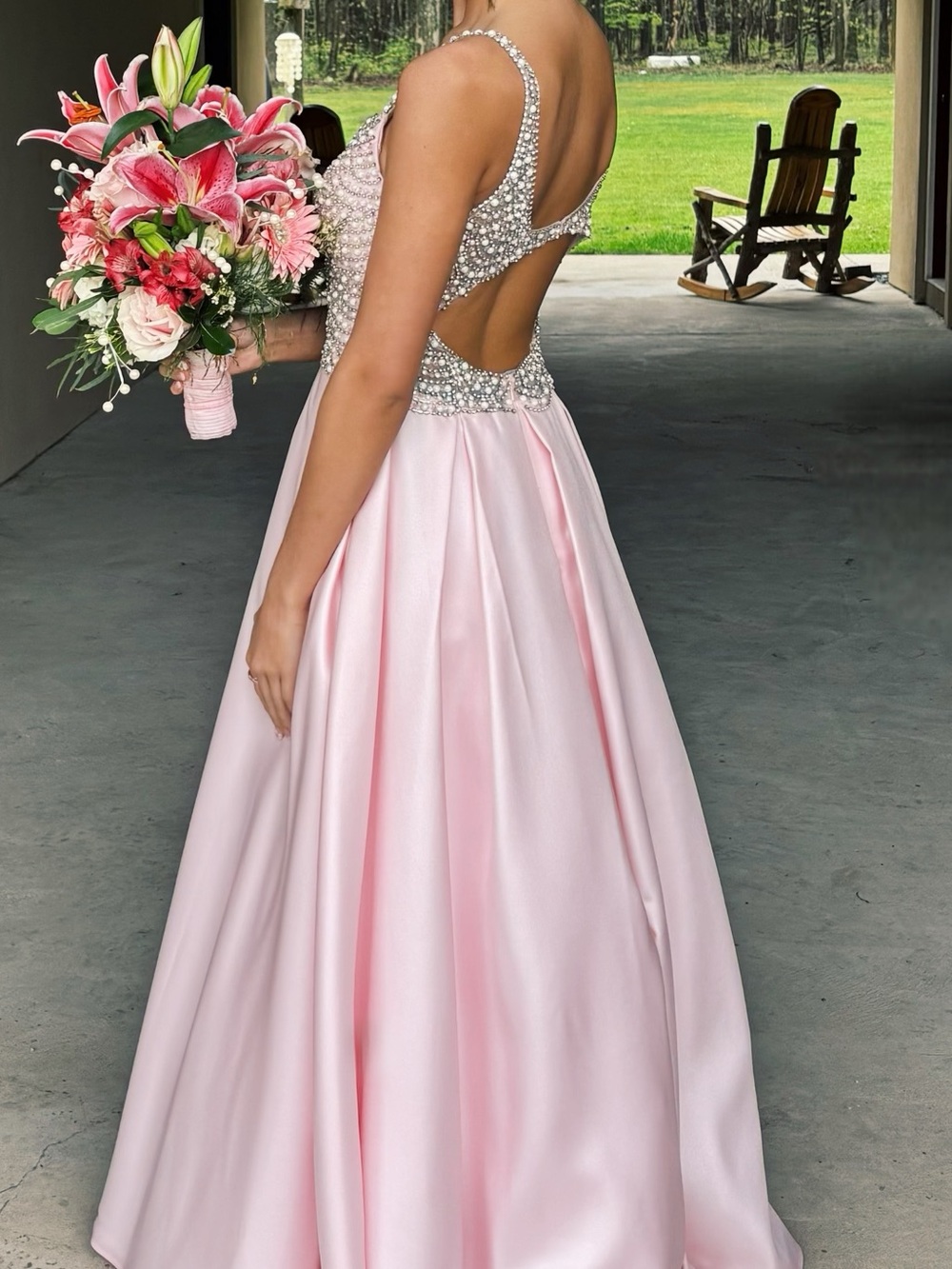 Elegant Light Pink Beaded Open-Back Ball Gown Dress